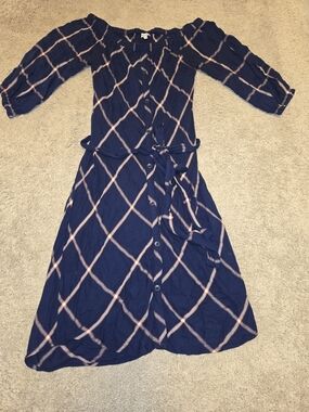 Splendid Navy Blue Midi Dress with Pink Diamond Grid